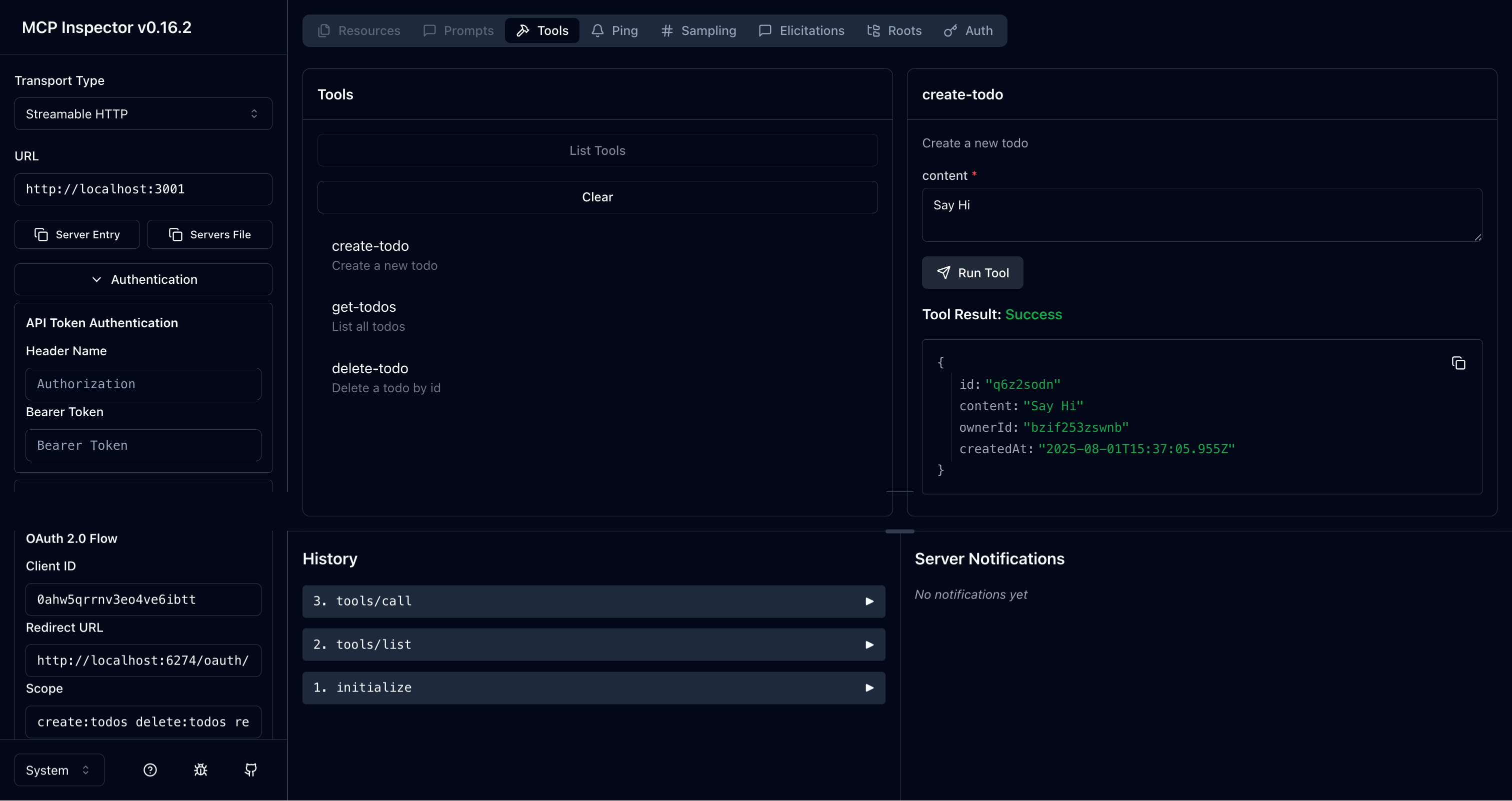 MCP inspector todo manager tool result